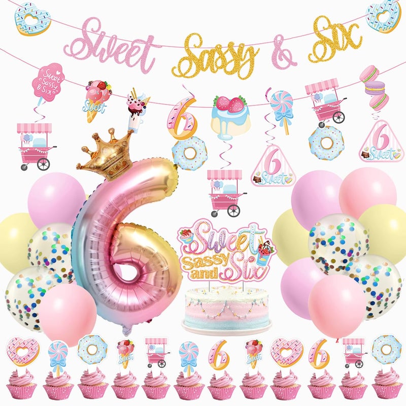 JUYRLE Sweet Sassy and Six Birthday Decorations for Girls - 6th Birthday With Donut Banner  Cake Topper  Foil Balloon for Ice Cream Party - Image 1